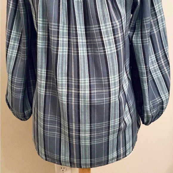 LC Lauren Conrad Teal Green Plaid Square Neck Balloon Sleeves Peasant Top Size M - Picture 3 of 15